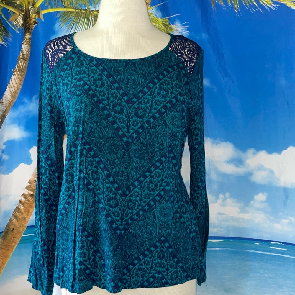 Vibrant, green and blue long sleeve blouse
